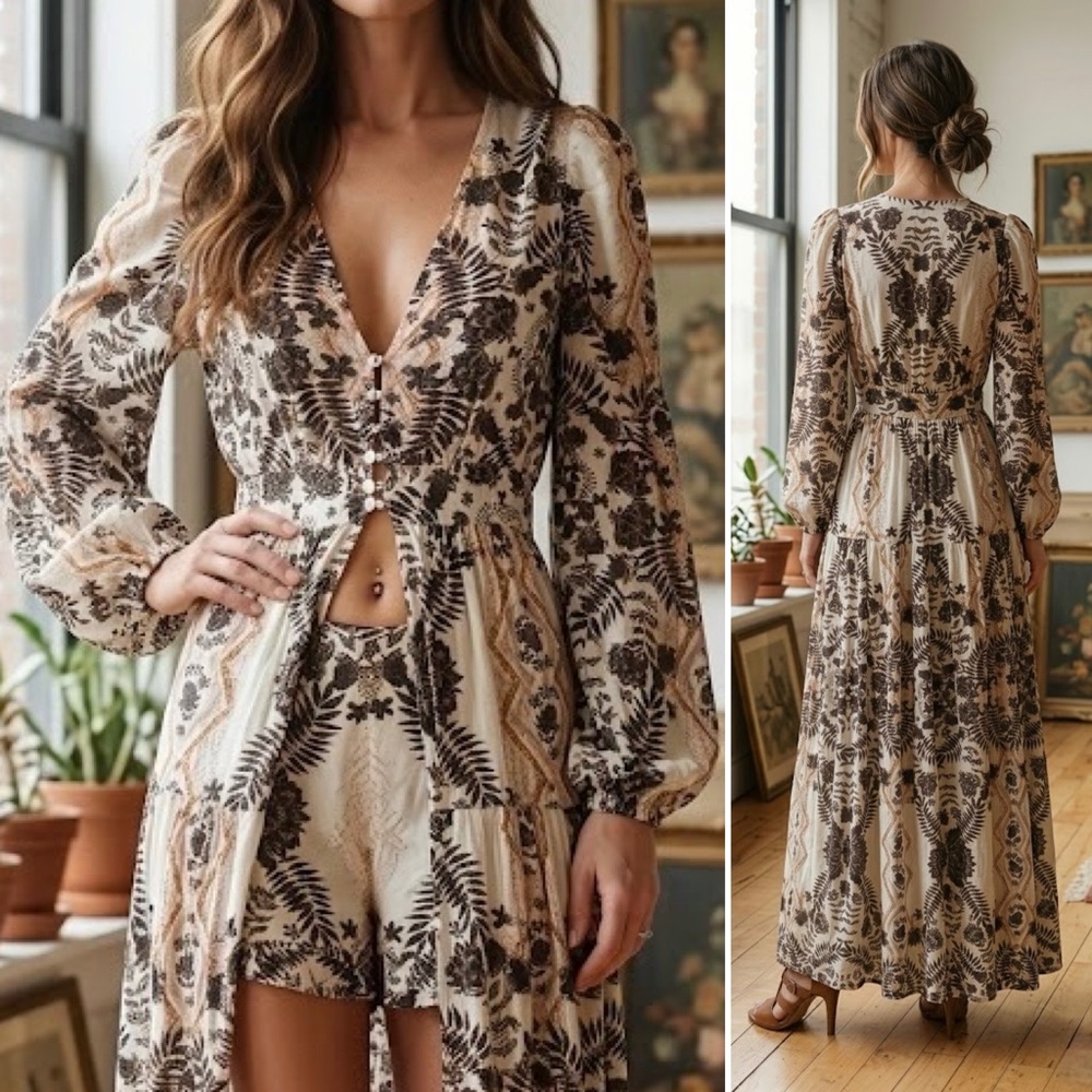 NEW FREE PEOPLE COORD SET BALI BOHO WANDERING FOLK SHORTS MAXI TOP DUSTER ROBE